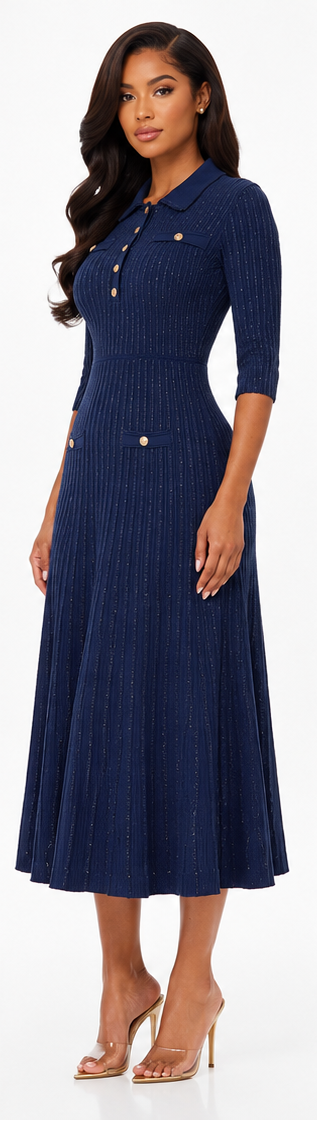 London Navy Embellished Collared Dress