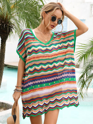 Rainbow Stripe Scalloped V-Neck Cover-Up Dress