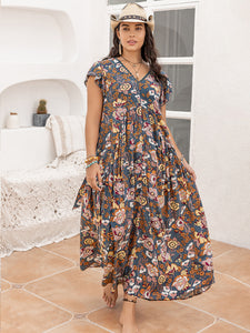 Plus Size Ruffled Printed Cap Sleeve Dress