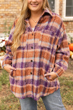 Plus Size Plaid Collared Neck Long Sleeve Jacket