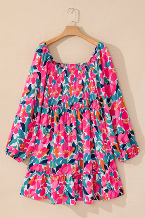 Plus Size Smocked Floral Square Neck Balloon Sleeve Dress