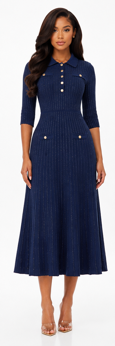 London Navy Embellished Collared Dress