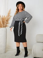 Plus Size Houndstooth Tied Long Sleeve Dress