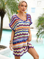 Rainbow Stripe Scalloped V-Neck Cover-Up Dress