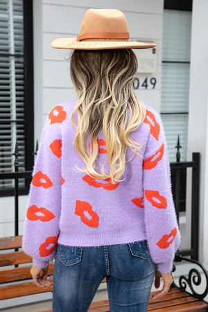 Printed Round Neck Long Sleeve Fuzzy Sweater