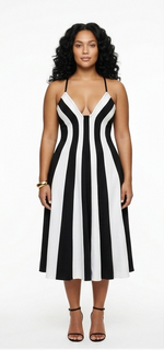 Black and white striped dress shown from multiple angles on a white background. Shopmireille. product by Mireille mukiz. avaliable in plus size 