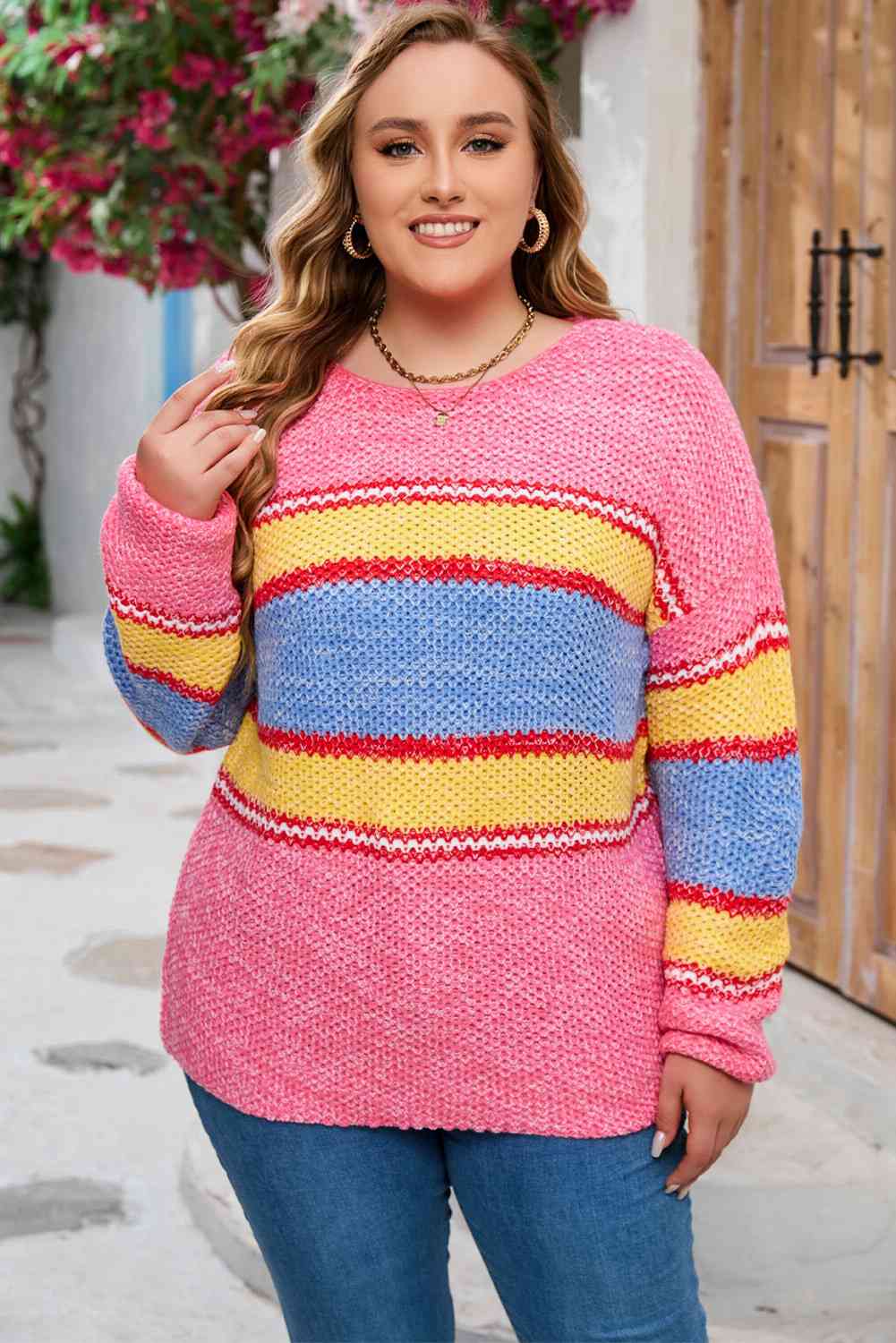 Plus Size Color Block Round Neck Long Sleeve Sweater