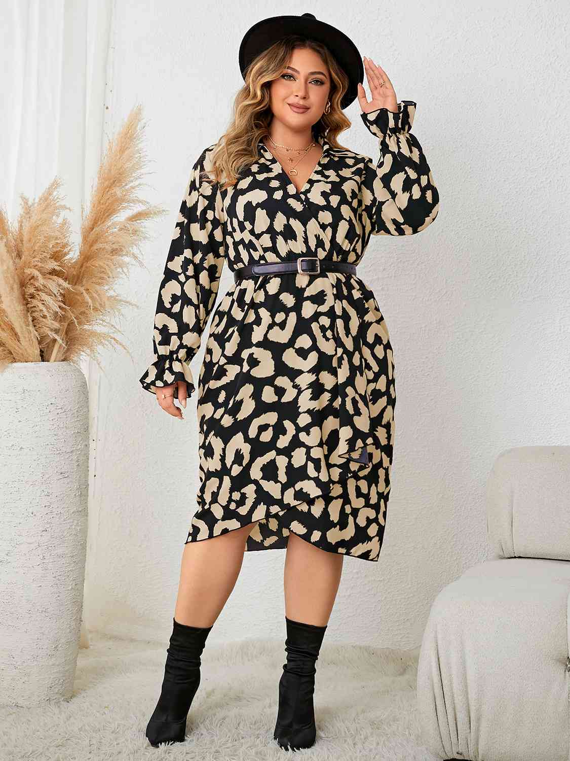 Plus Size Leopard Surplice Neck Flounce Sleeve Dress