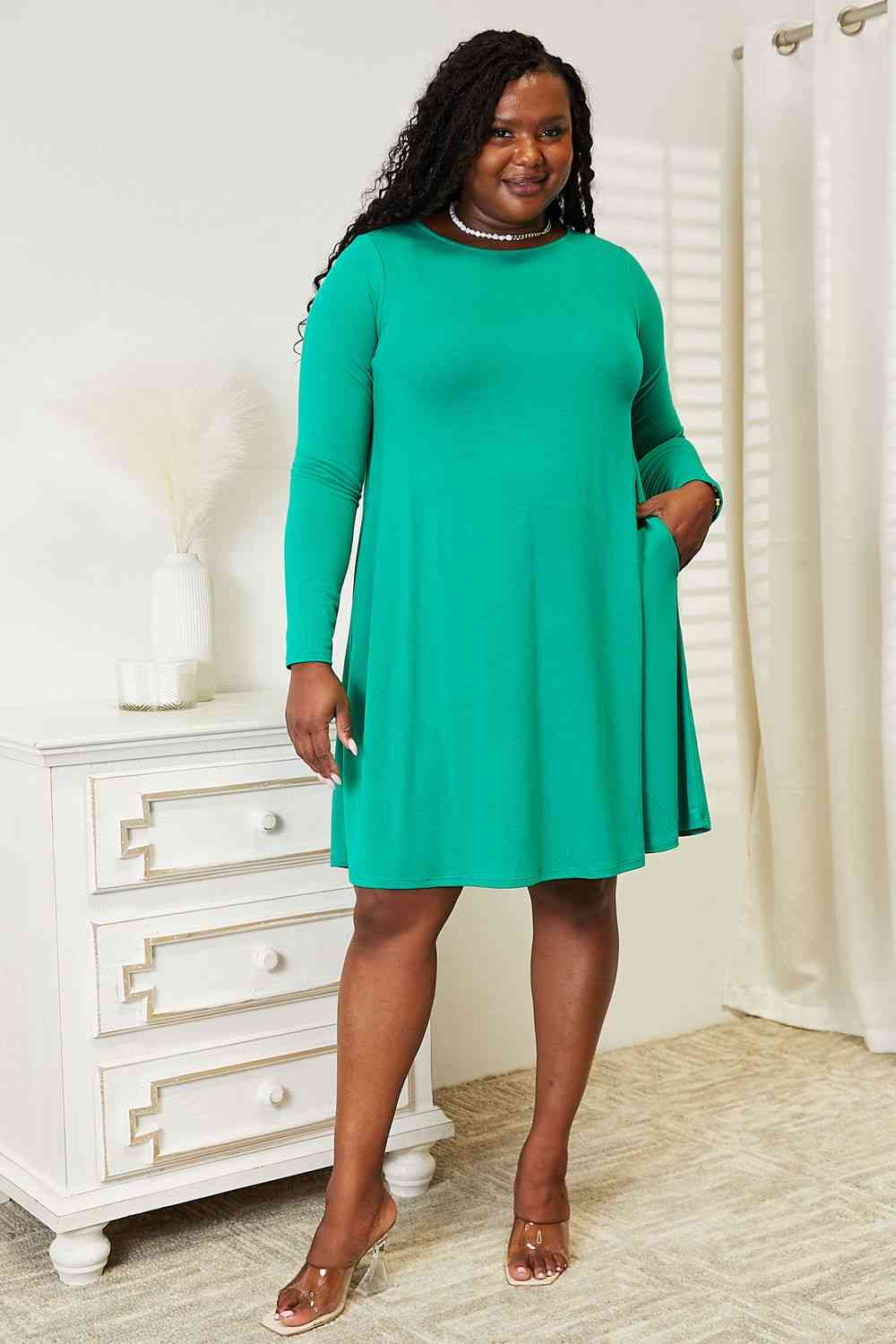 Plus Size Long Sleeve Flare Dress with Pockets