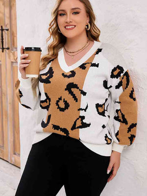 Plus Size Printed V-Neck Long Sleeve Sweater