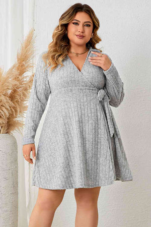 Plus Size Collared Neck Long Sleeve Tied Dress