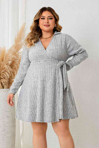 Plus Size Collared Neck Long Sleeve Tied Dress