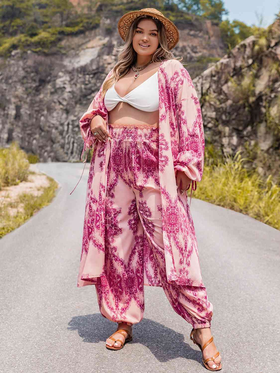 Plus Size Open Front Cardigan and Pants Set